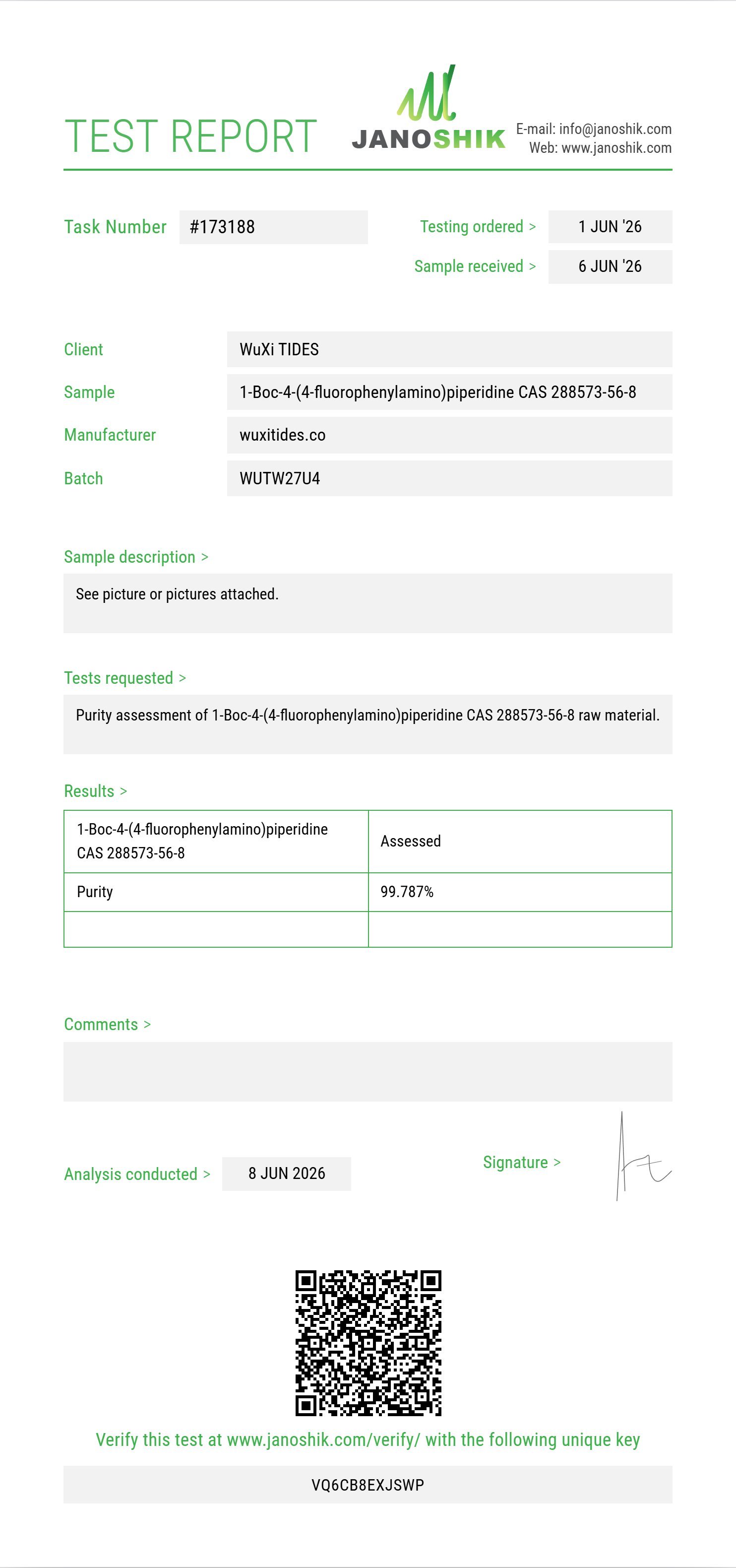 1-Boc-4-(4-fluorophenylamino)piperidine CAS 288573-56-8 Purity (HPLC) report by Janoshik Analytical