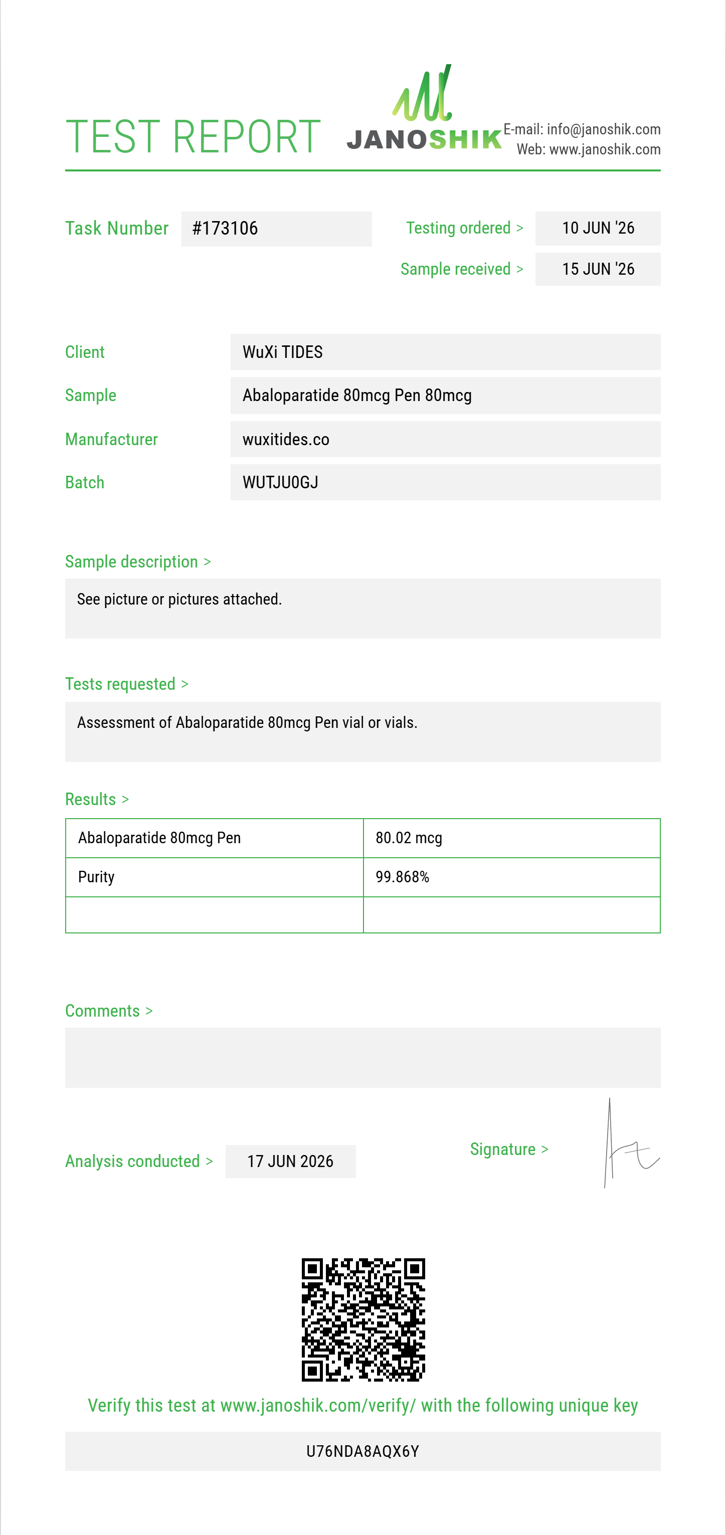 Abaloparatide Purity (HPLC) report by Janoshik Analytical
