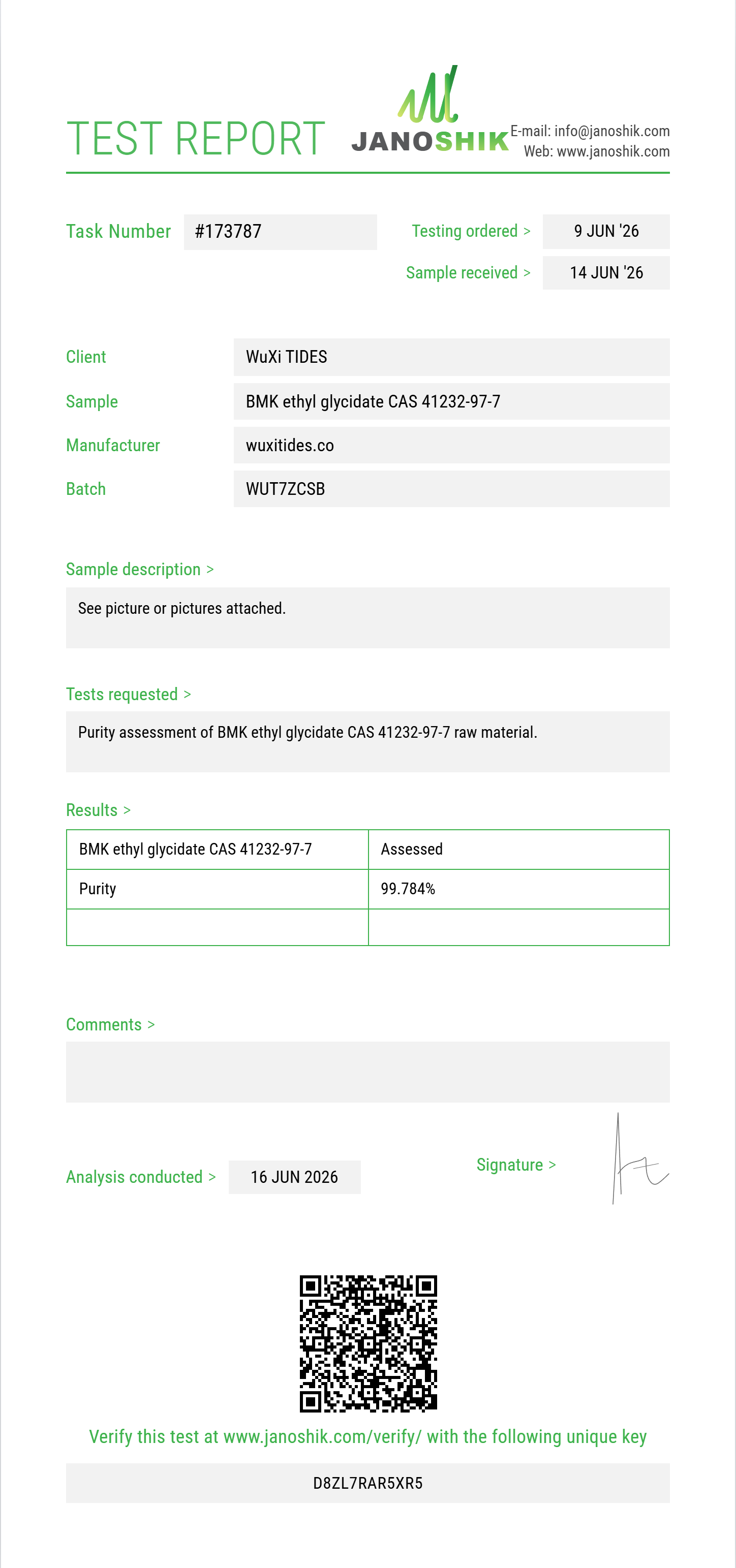BMK ethyl glycidate CAS 41232-97-7 Purity (HPLC) report by Janoshik Analytical