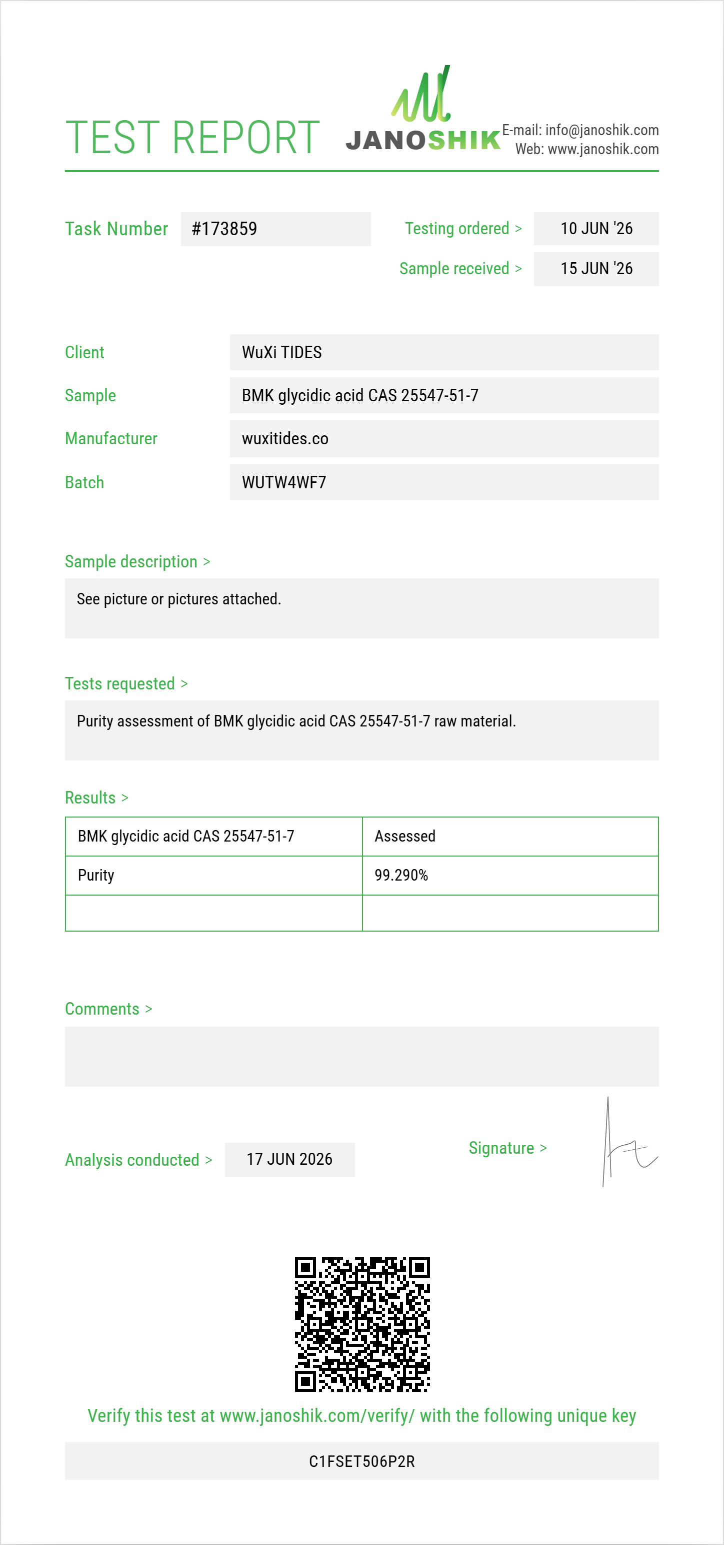 BMK glycidic acid (free acid) CAS 25547-51-7 Purity (HPLC) report by Janoshik Analytical