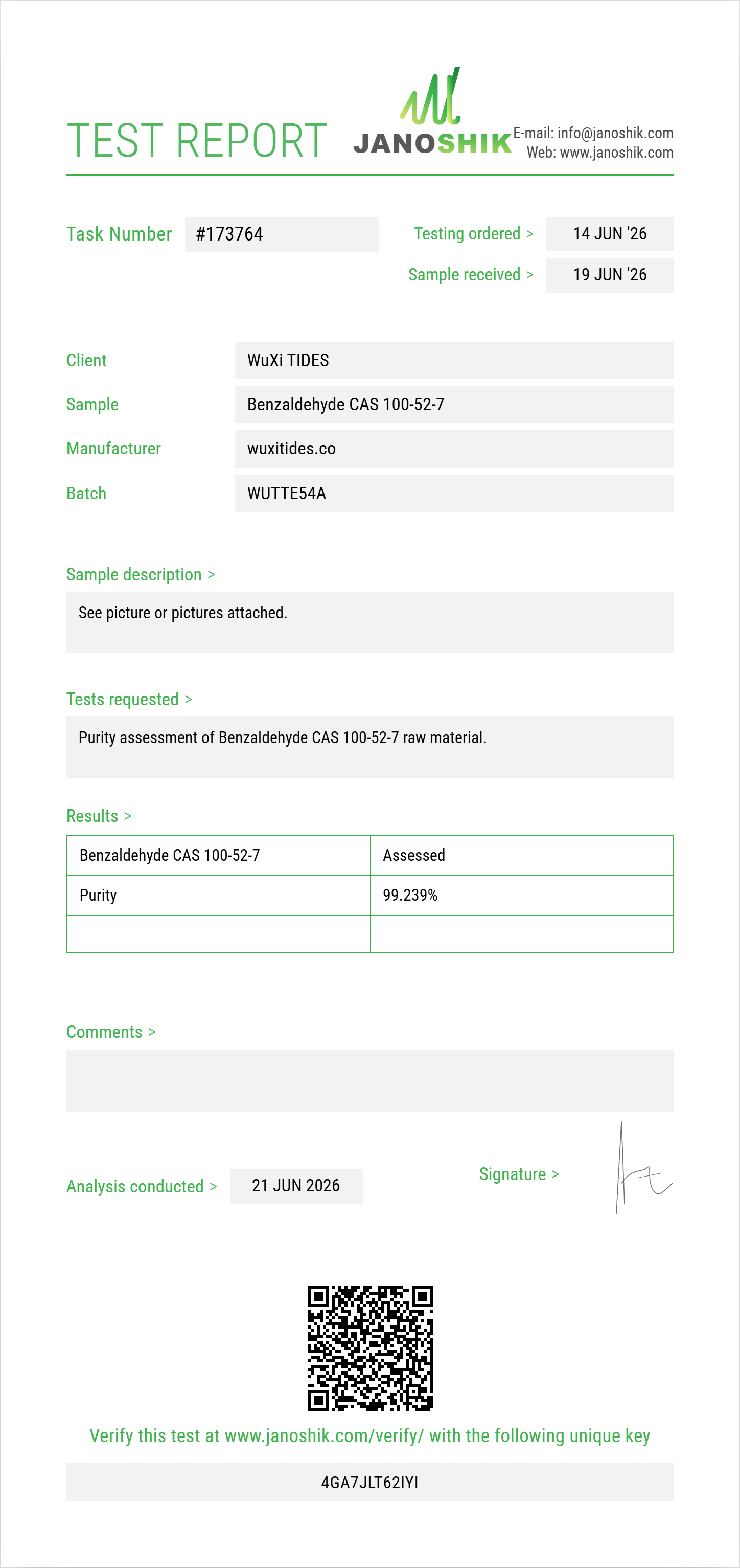 Benzaldehyde CAS 100-52-7 Purity (HPLC) report by Janoshik Analytical
