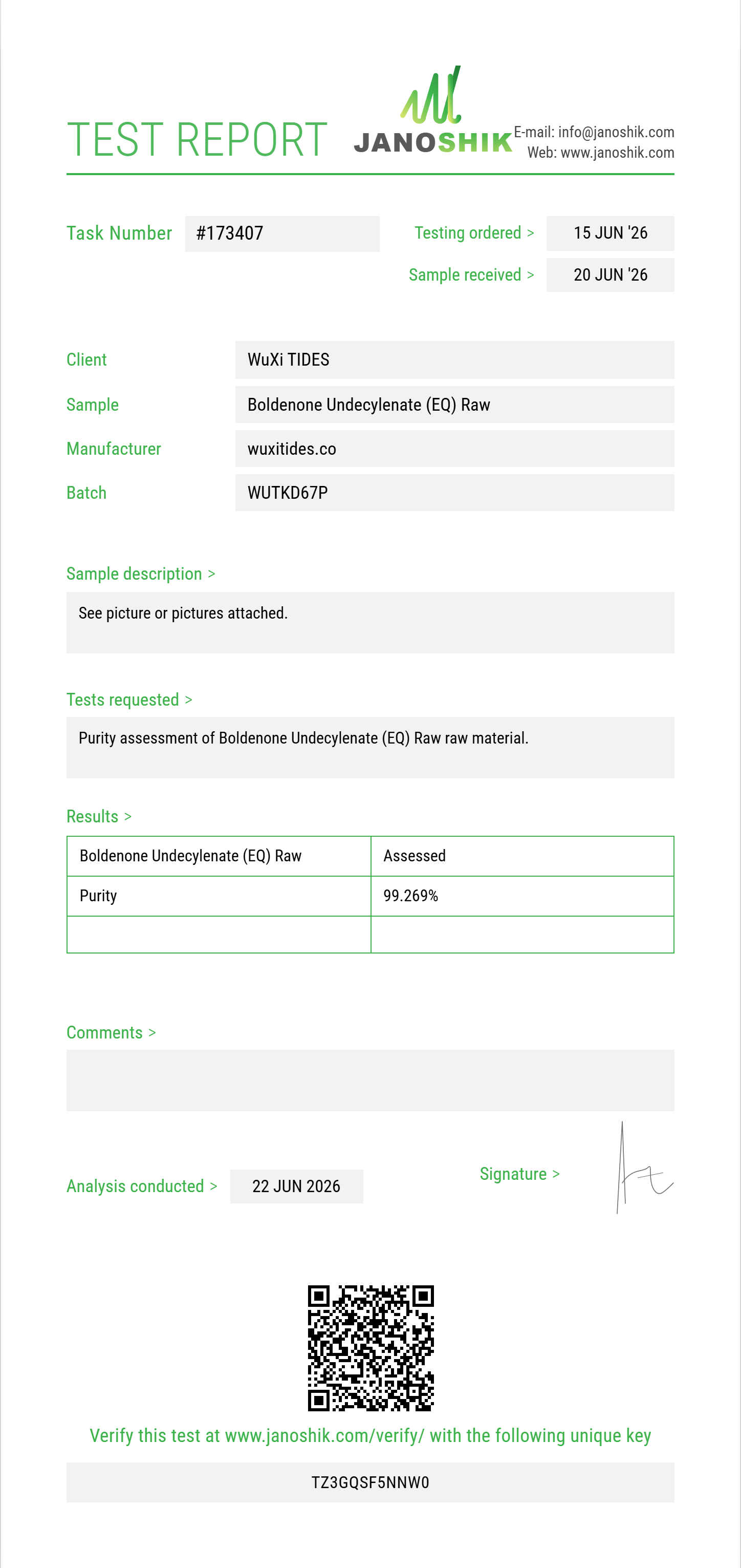 Boldenone Undecylenate (EQ) Raw Purity (HPLC) report by Janoshik Analytical