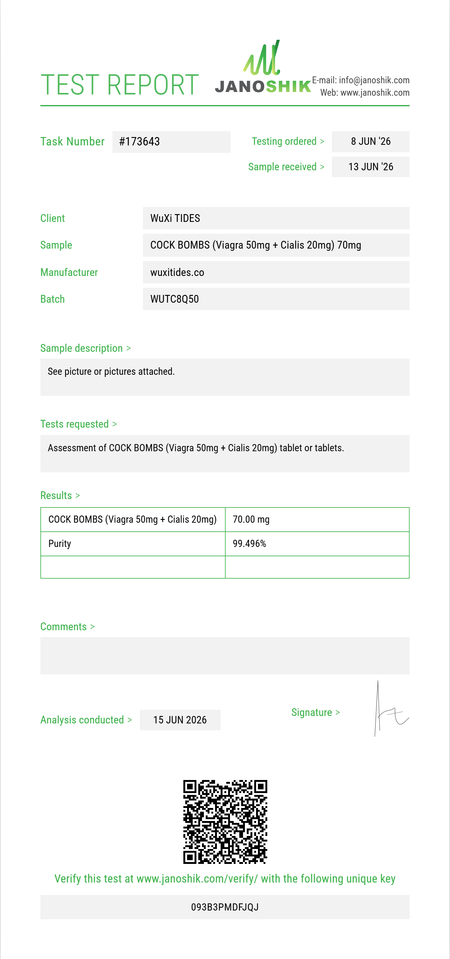 COCK BOMBS (Viagra 50mg + Cialis 20mg) Purity (HPLC) report by Janoshik Analytical