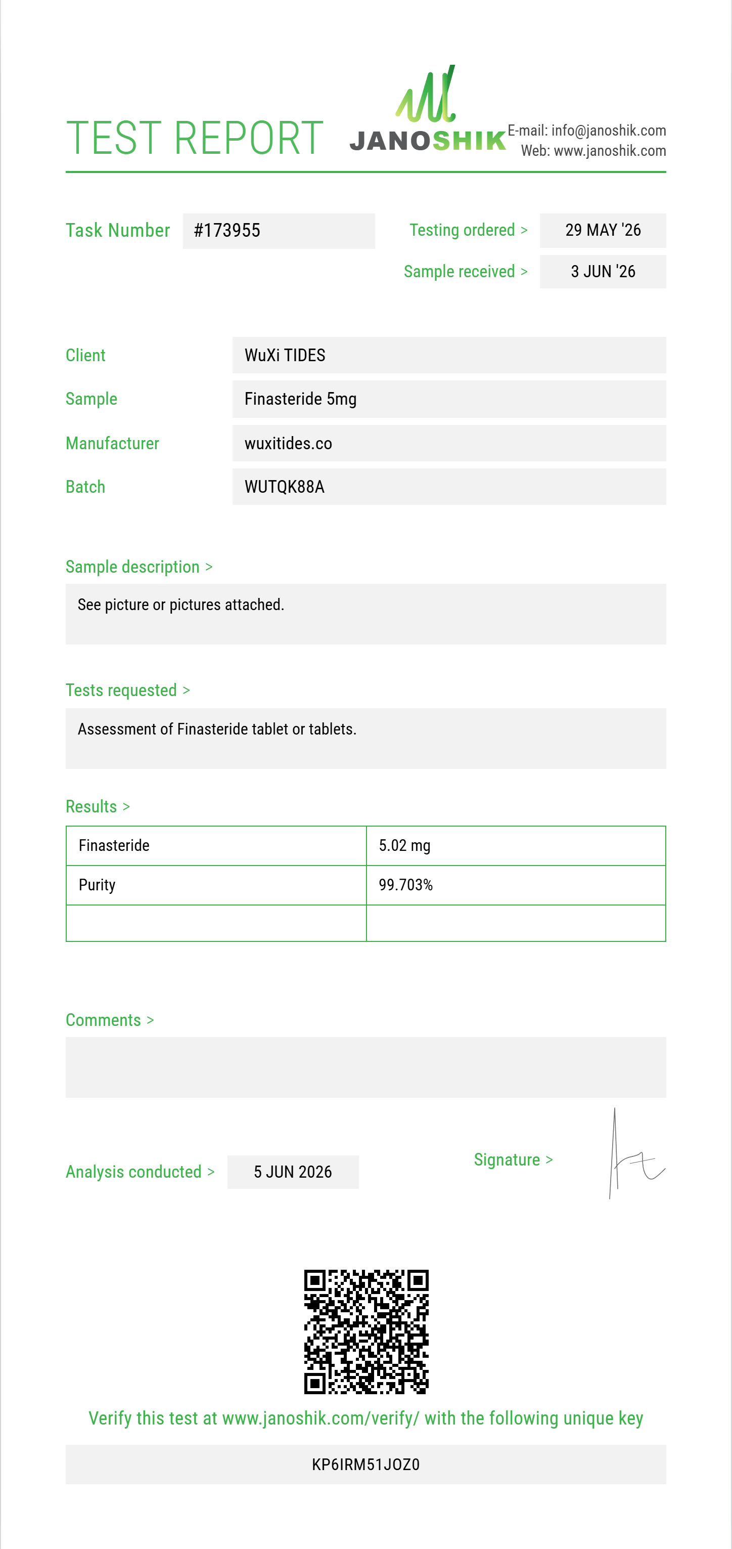 Finasteride Purity (HPLC) report by Janoshik Analytical