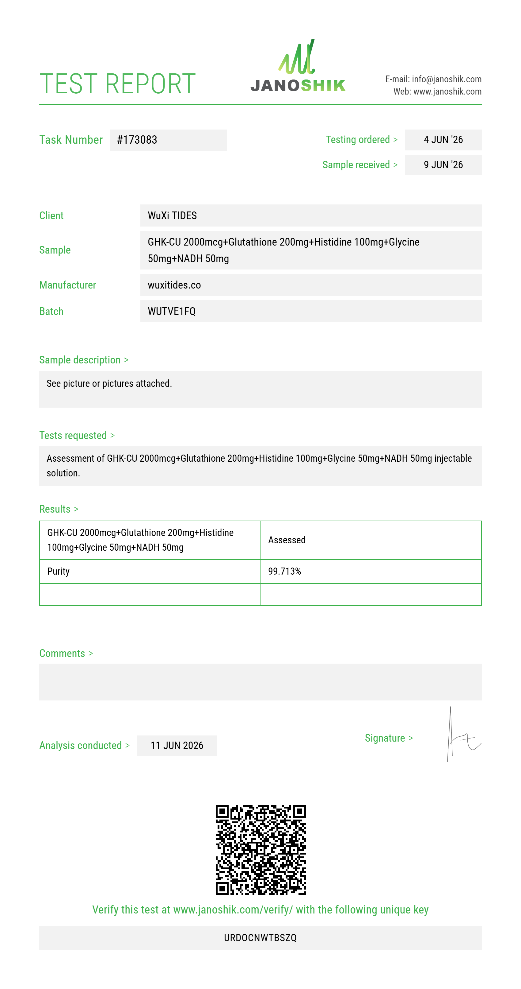 GHK-CU 2000mcg+Glutathione 200mg+Histidine 100mg+Glycine 50mg+NADH 50mg Purity (HPLC) report by Janoshik Analytical
