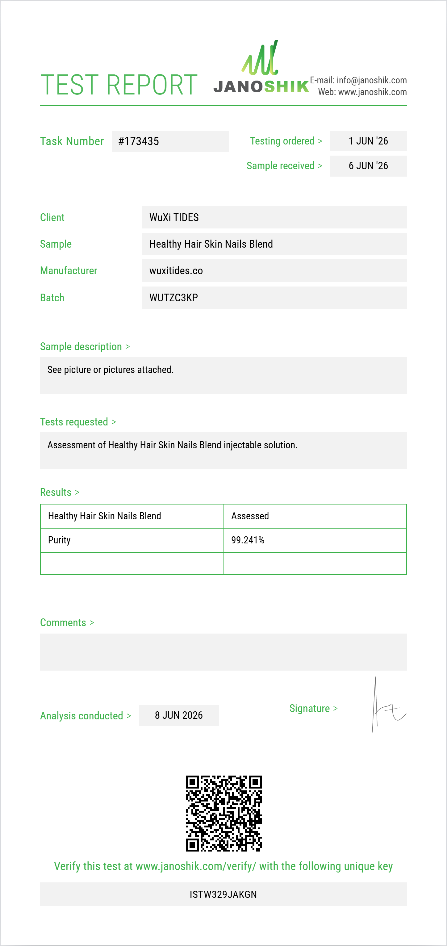 Healthy Hair Skin Nails Blend (Niacinamide+Thiamine+Pantothenic Acid+Choline+Inositol+Niacin+Biotin+Folic Acid+Riboflavin) Purity (HPLC) report by Janoshik Analytical