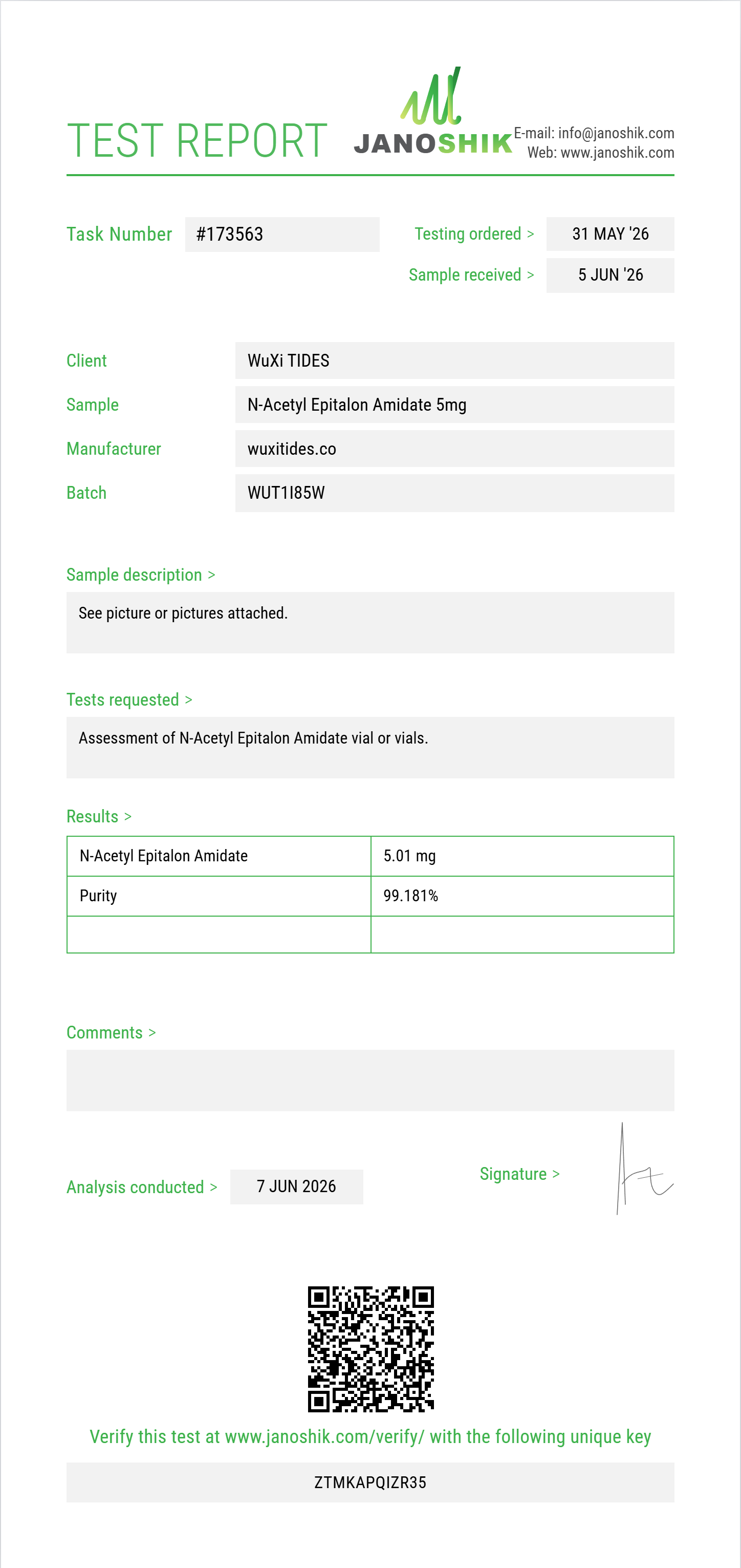 N-Acetyl Epitalon Amidate Purity (HPLC) report by Janoshik Analytical