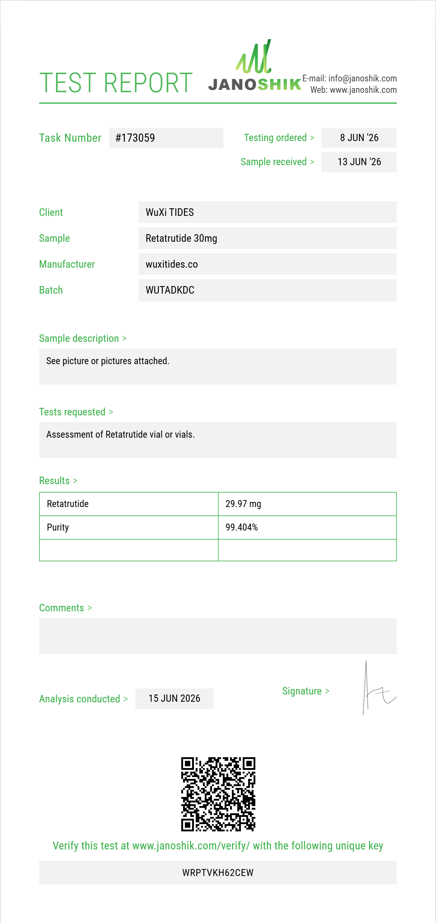 Retatrutide 30mg Pen Kit Purity (HPLC) report by Janoshik Analytical