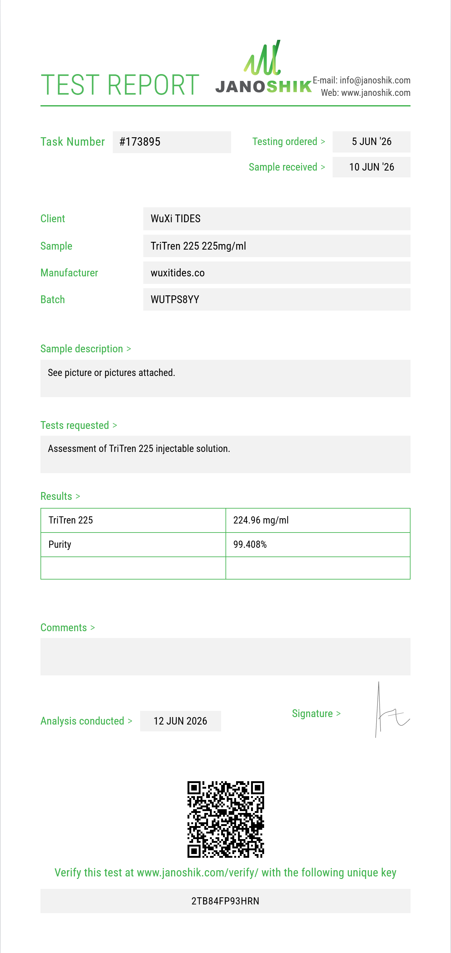 TriTren 225 Purity (HPLC) report by Janoshik Analytical