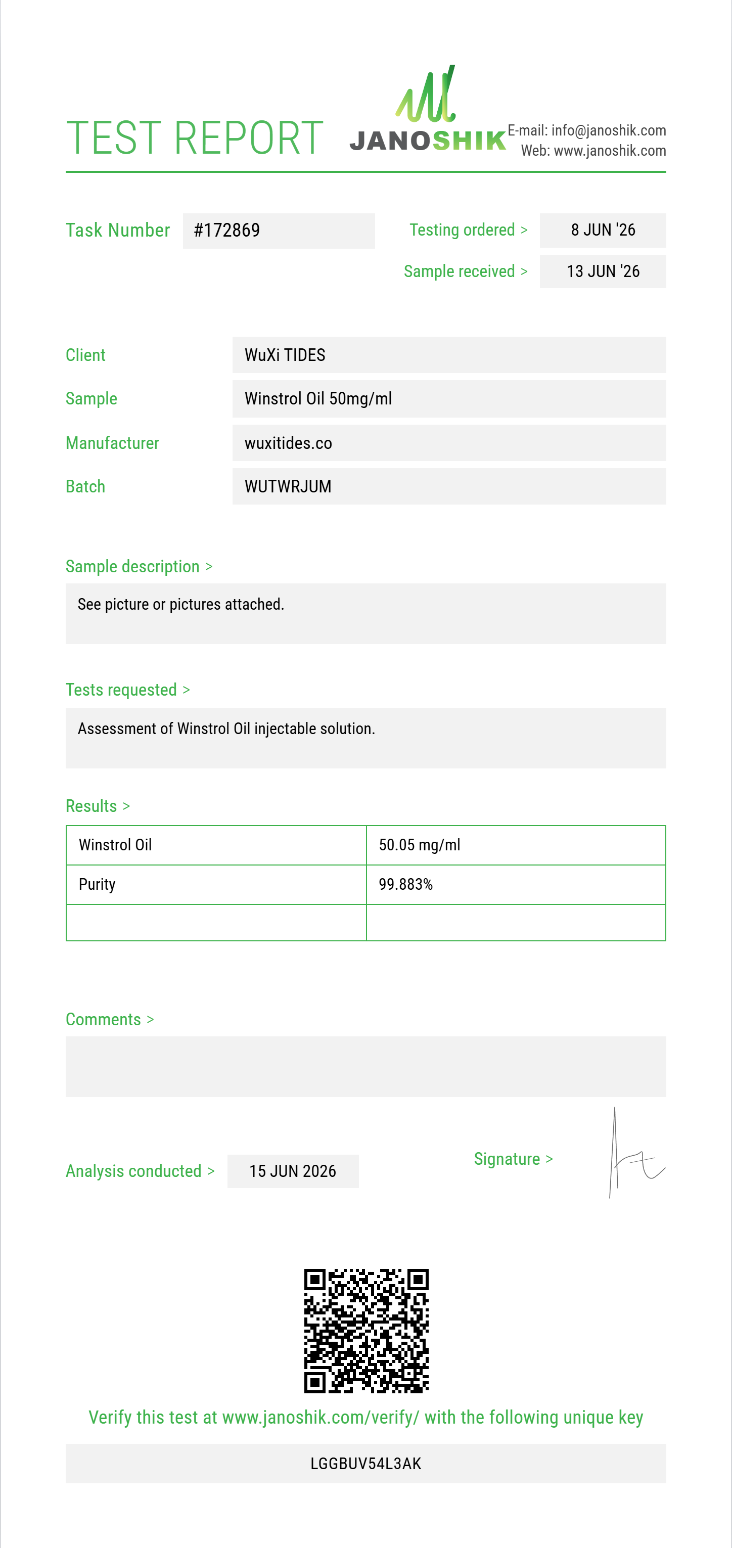 Winstrol Oil Purity (HPLC) report by Janoshik Analytical