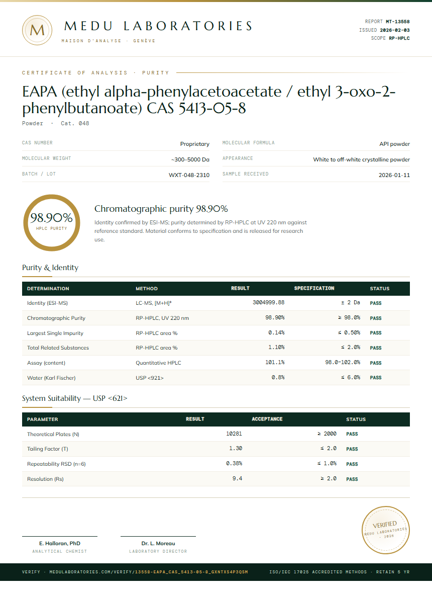 EAPA (ethyl alpha-phenylacetoacetate / ethyl 3-oxo-2-phenylbutanoate) CAS 5413-05-8 Purity Test Report by Medu Laboratories