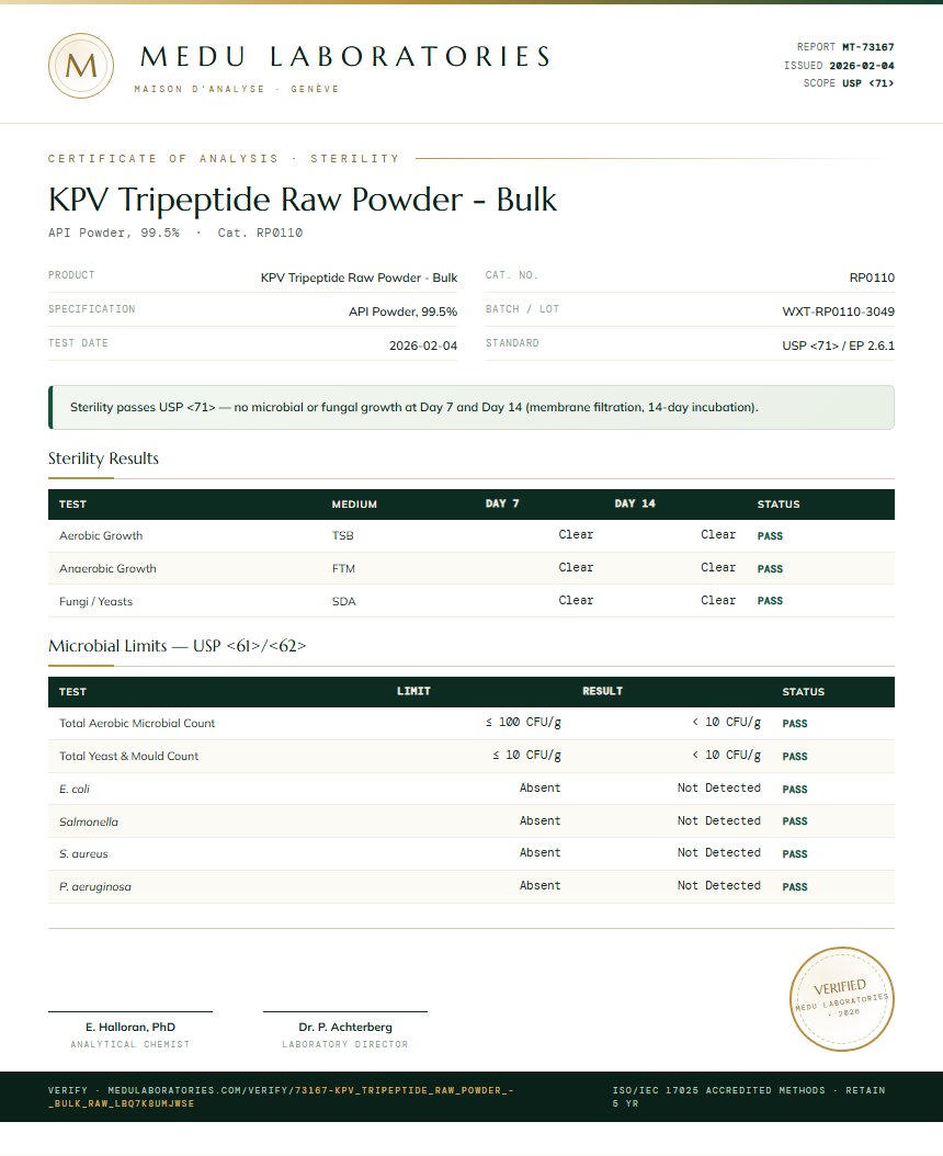 KPV Tripeptide Raw Powder - Bulk Sterility report by Medu Laboratories