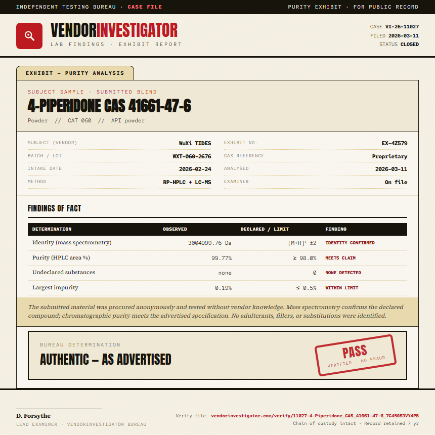 4-Piperidone CAS 41661-47-6 Purity (HPLC) report by VendorInvestigator