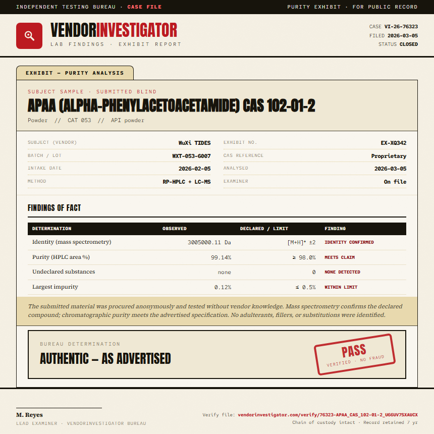 APAA (alpha-phenylacetoacetamide) CAS 102-01-2 Purity (HPLC) report by VendorInvestigator