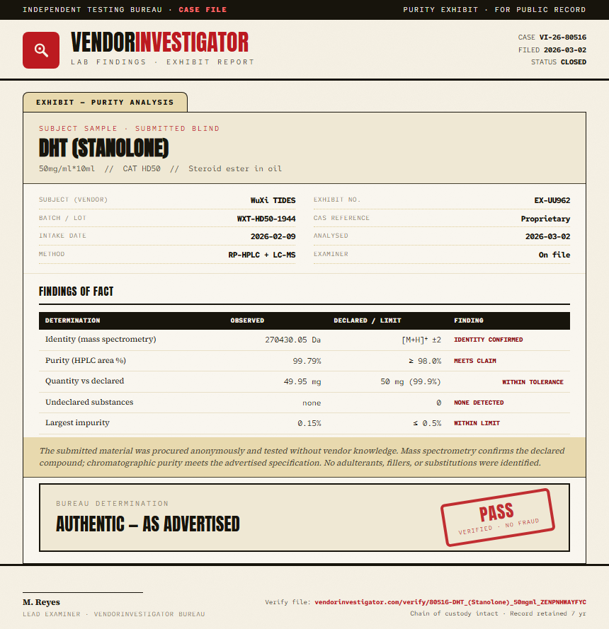 DHT (Stanolone) Purity (HPLC) report by VendorInvestigator