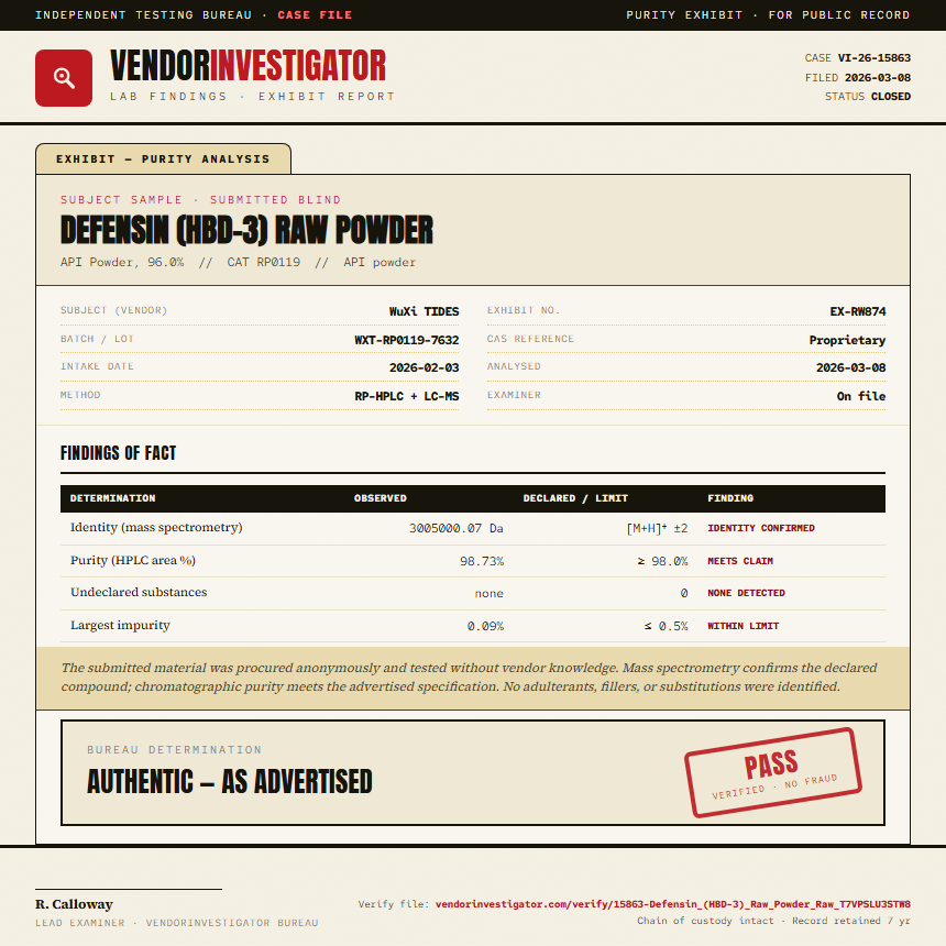 Defensin (HBD-3) Raw Powder Purity (HPLC) report by VendorInvestigator