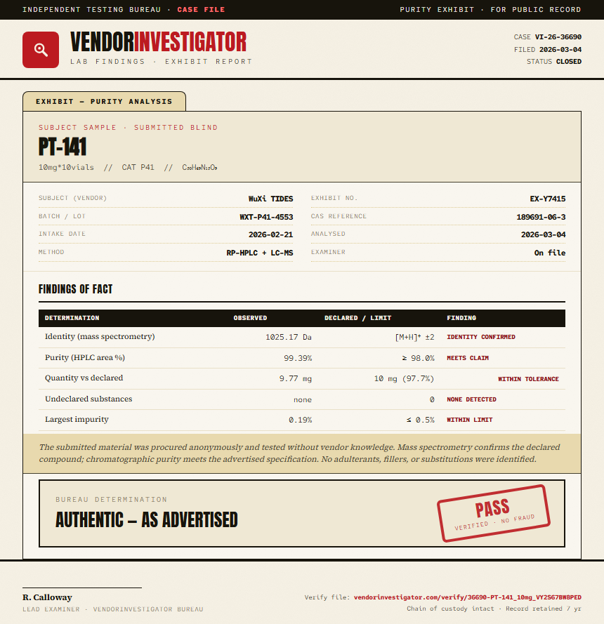 PT-141 Purity (HPLC) report by VendorInvestigator