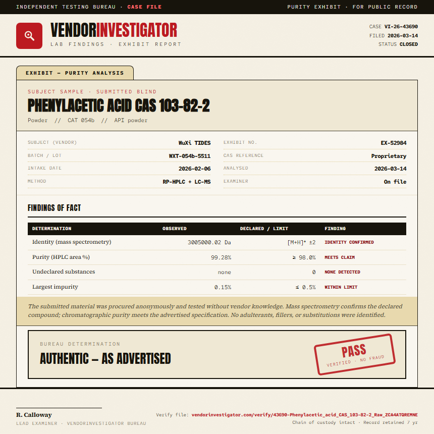 Phenylacetic acid CAS 103-82-2 Purity (HPLC) report by VendorInvestigator