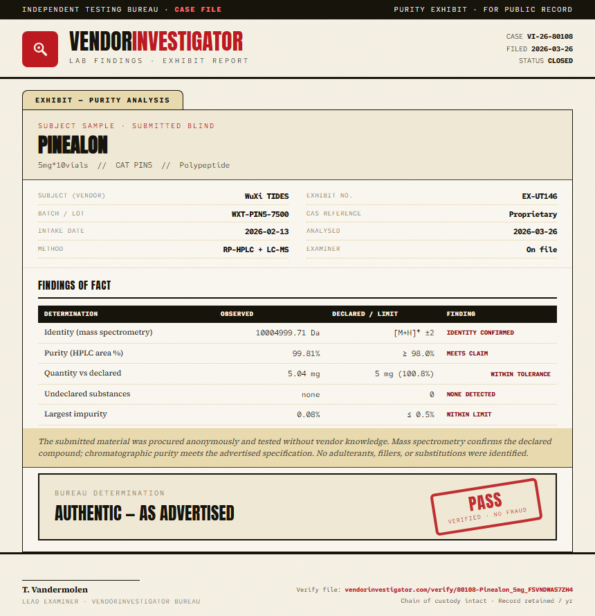 Pinealon Purity (HPLC) report by VendorInvestigator