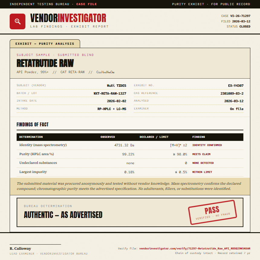 Retatrutide Raw Purity (HPLC) report by VendorInvestigator