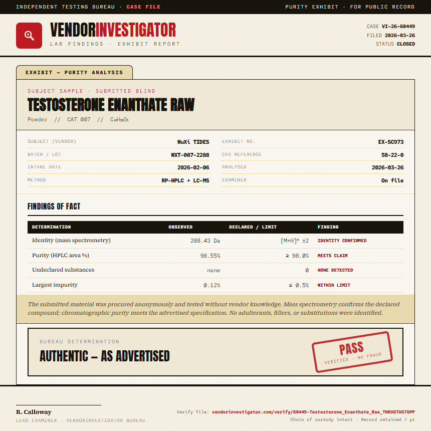 Testosterone Enanthate Raw Purity (HPLC) report by VendorInvestigator