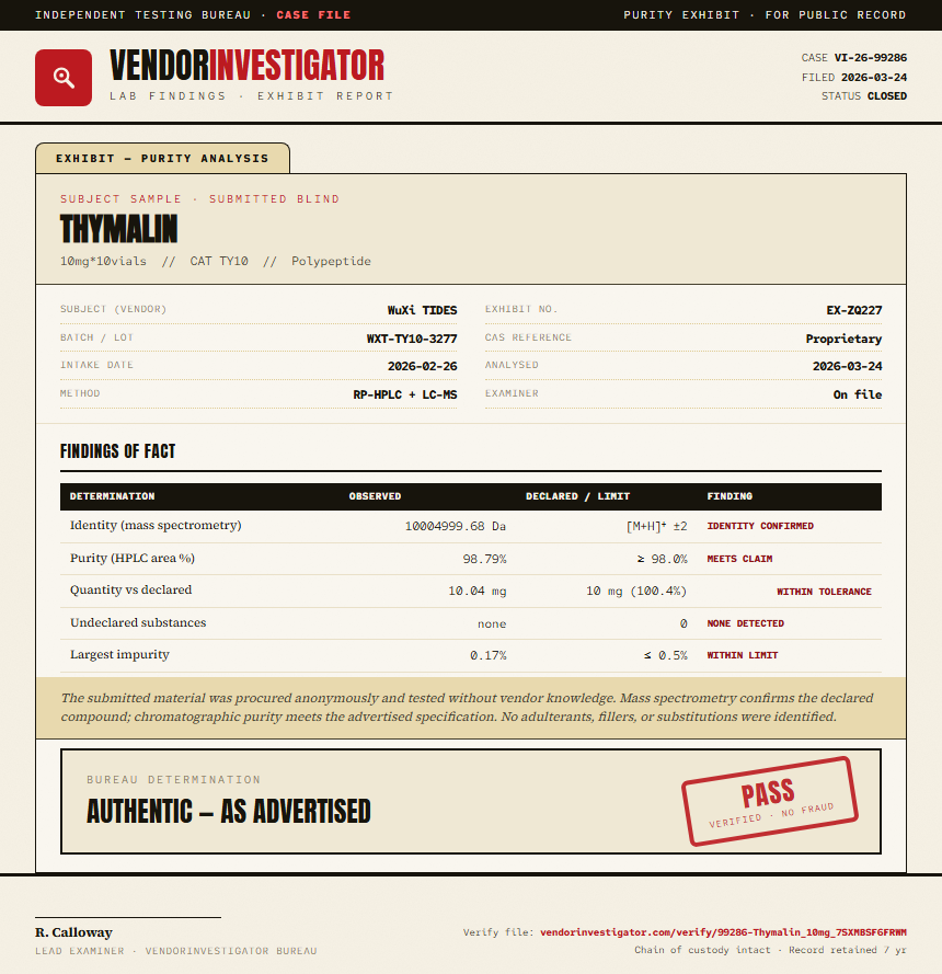 Thymalin Purity (HPLC) report by VendorInvestigator