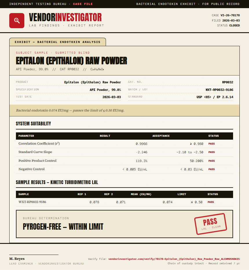 Epitalon (Epithalon) Raw Powder Endotoxin report by VendorInvestigator