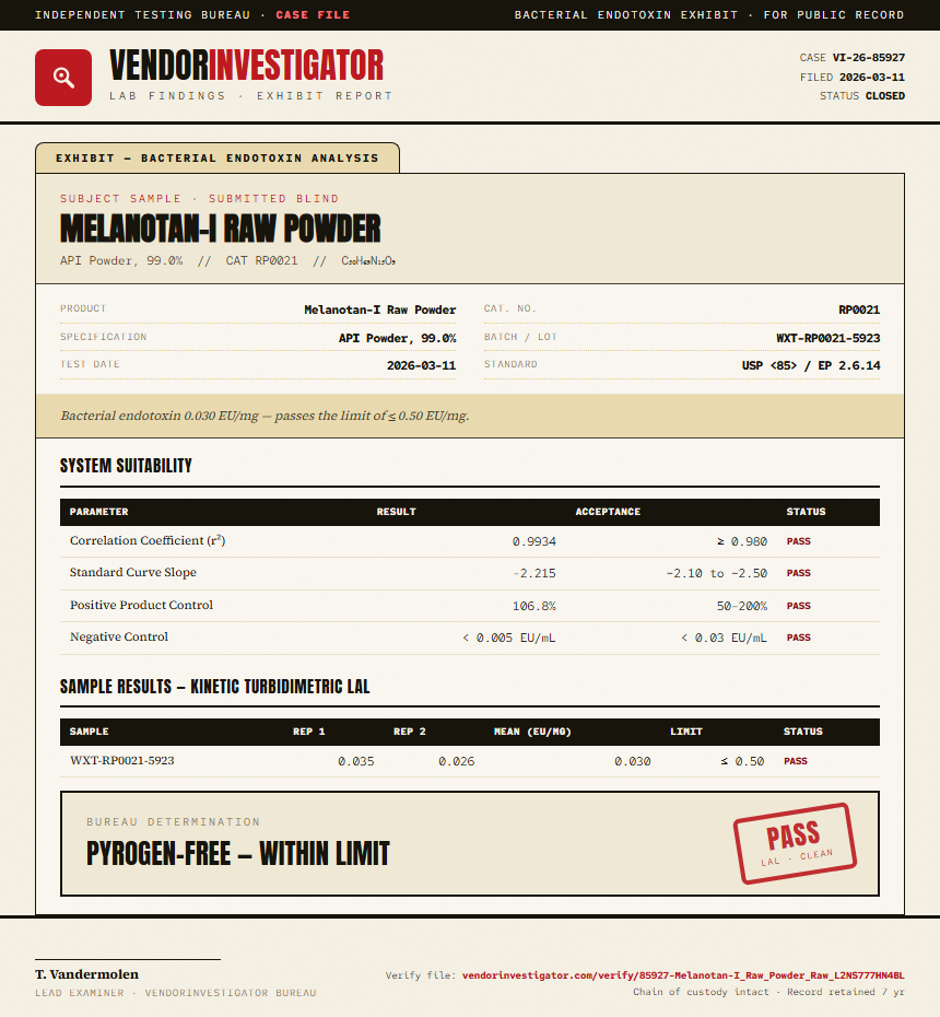 Melanotan-I Raw Powder Endotoxin report by VendorInvestigator