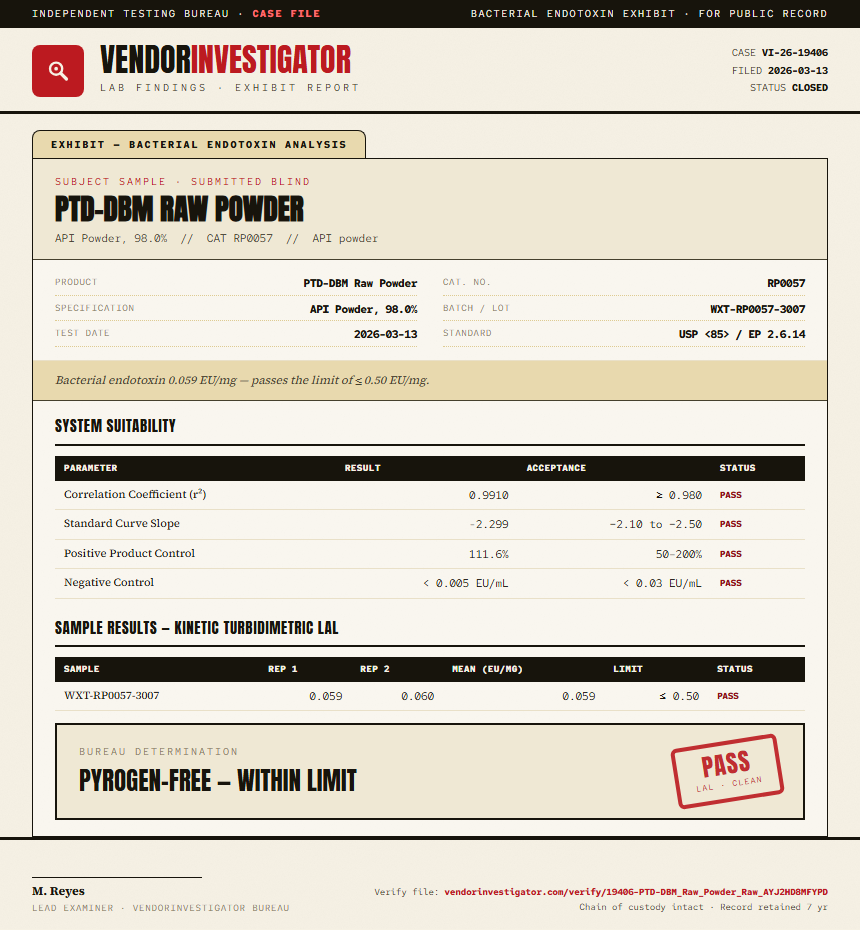 PTD-DBM Raw Powder Endotoxin report by VendorInvestigator