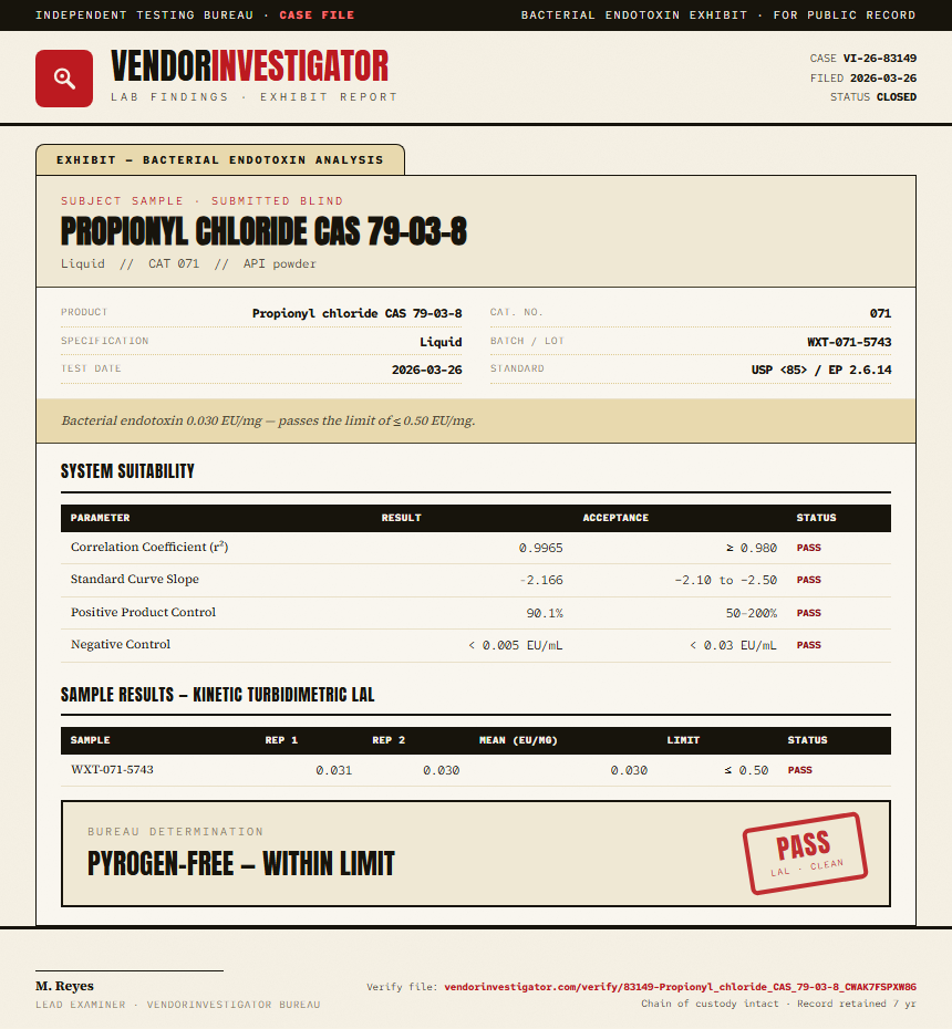 Propionyl chloride CAS 79-03-8 Endotoxin report by VendorInvestigator