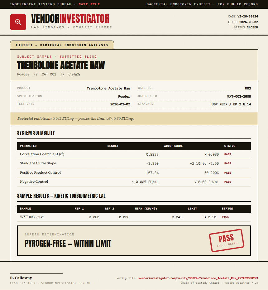 Trenbolone Acetate Raw Endotoxin report by VendorInvestigator